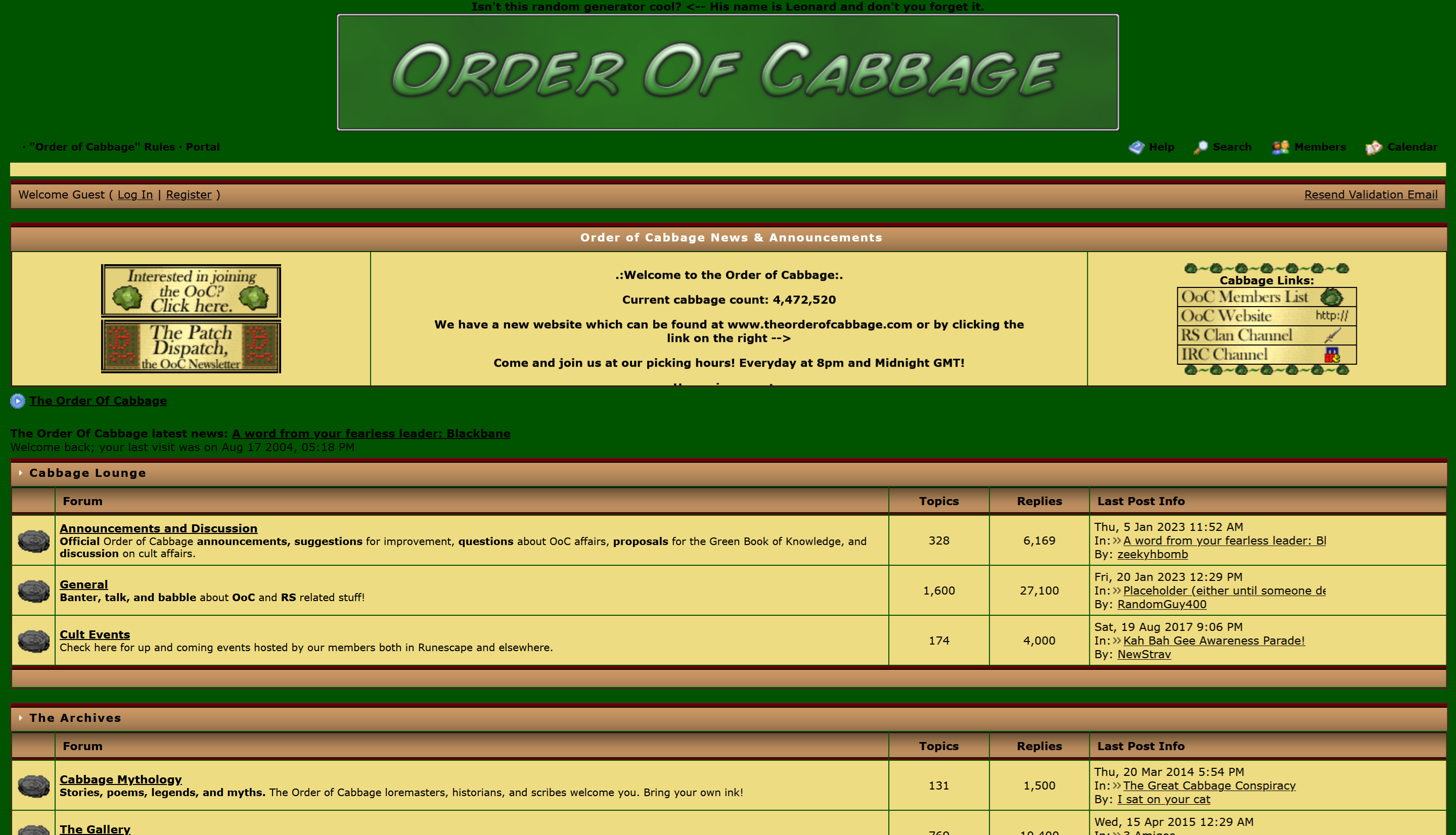 A screenshot of the Order of Cabbage InvisionFree forums