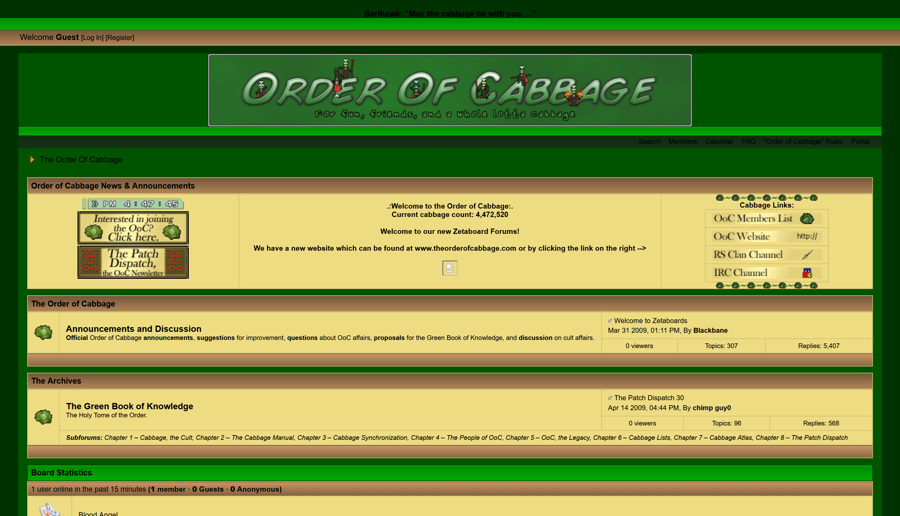 A screenshot of the Order of Cabbage ZetaBoards forums